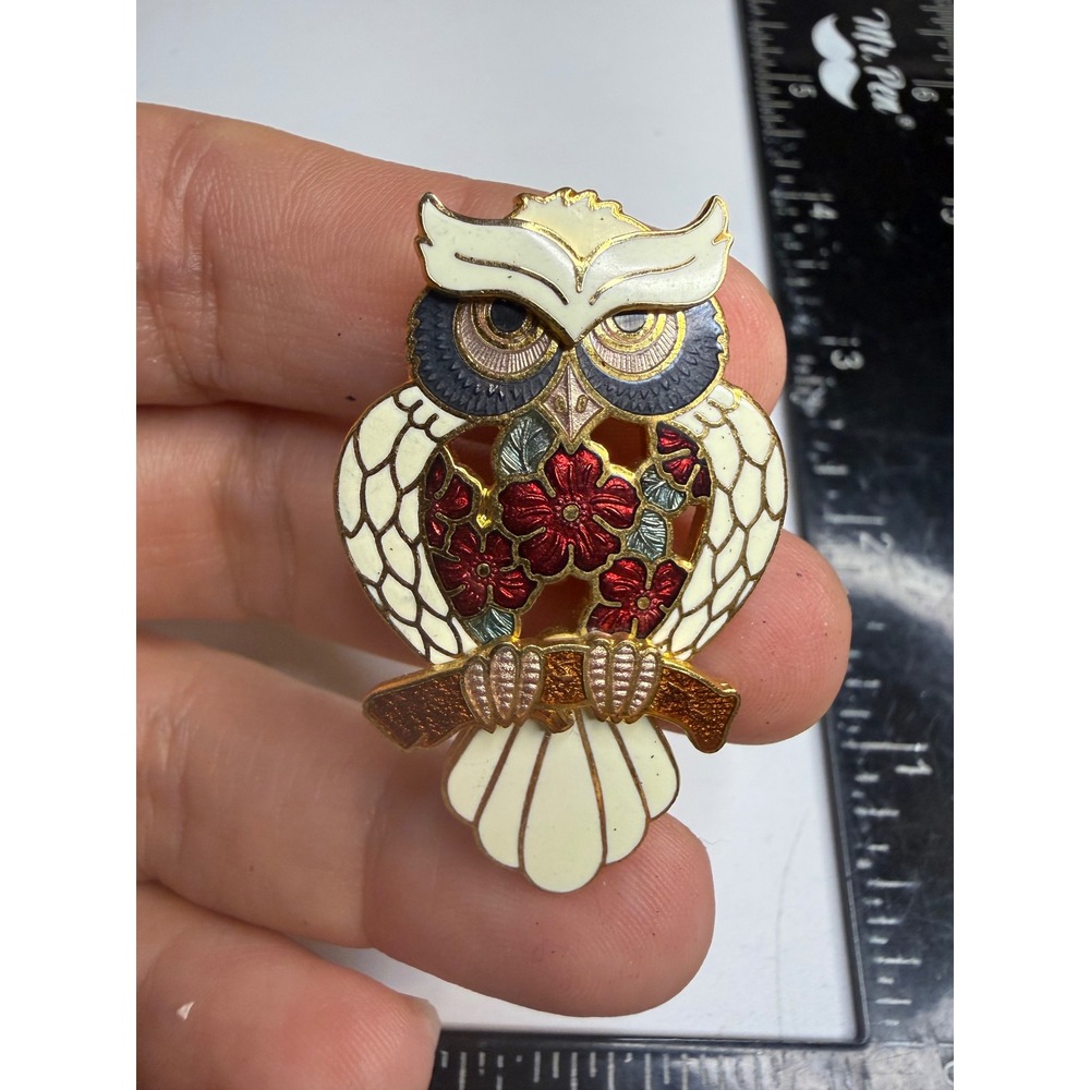 Vintage JJ Jonette Jewelry Owl Brooch Cloisonne Enamel Floral Bird Pin Gold Tone